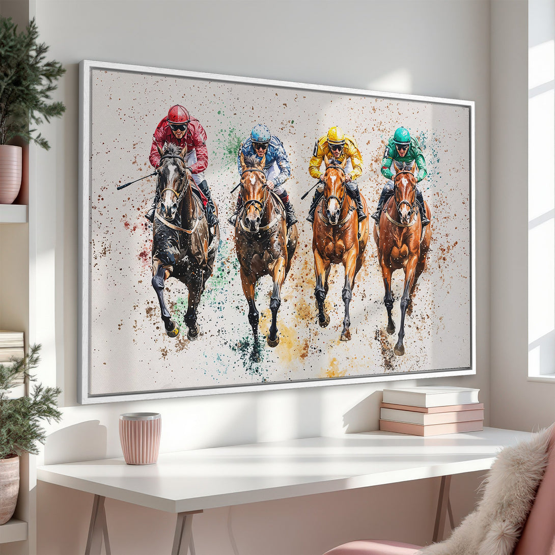 Framed Wall Art: Watercolor painting of racehorses in action. Vibrant colors, splashes of paint. Perfect equestrian decor for your home.