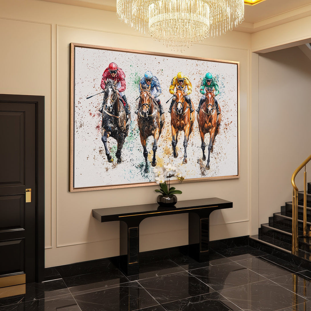 Framed Wall Art featuring a watercolor-style horse racing scene with vibrant colors. Adds a touch of elegance and excitement to any space.
