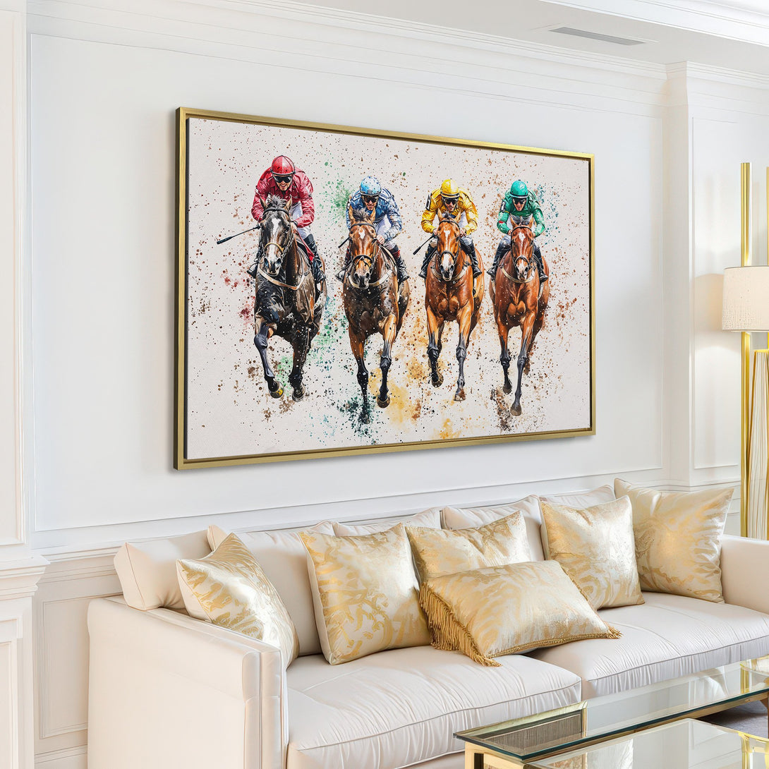 Canvas Print of a dynamic horse racing scene in watercolor style, featuring vibrant colors and a neutral backdrop. Perfect wall art!