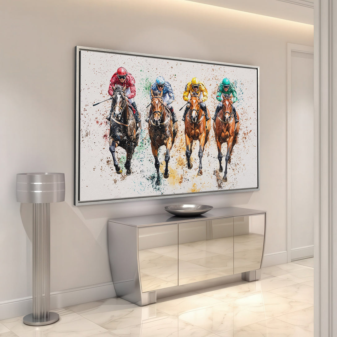 Framed Wall Art: Dynamic horse racing scene in watercolor style. Vibrant colors of jockeys & horses create a modern statement piece for your home decor.