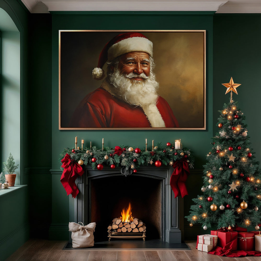 Framed Wall Art of Santa Claus in a classic style, displayed in a festive room with a green and red color palette. Perfect Christmas decor!