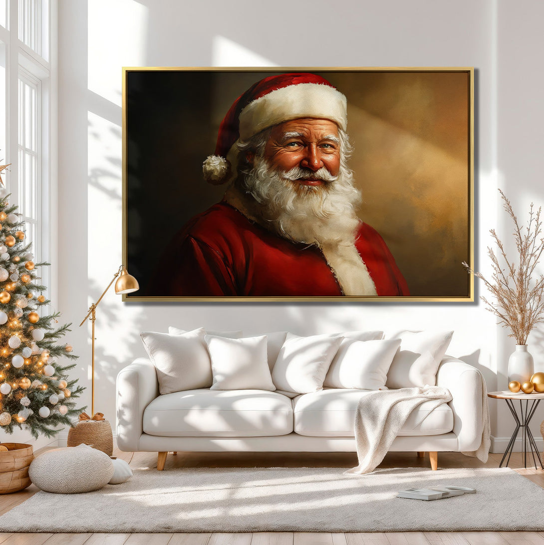 Canvas Print of Santa Claus portrait in a warm, neutral-toned interior. Classic style, rich red and gold color palette, perfect for Christmas decor.