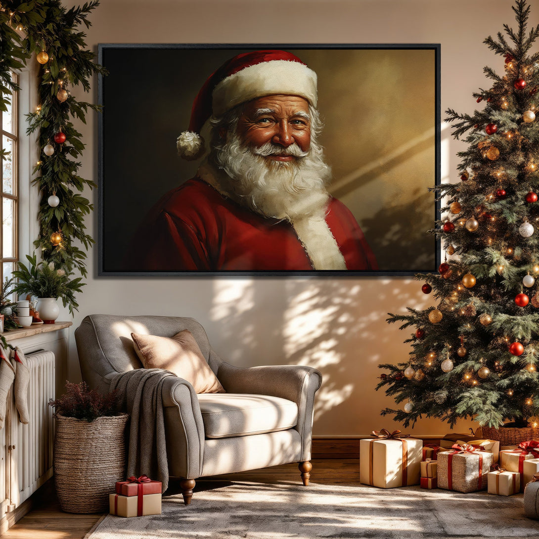 Framed Wall Art of Santa portrait in a cozy Christmas interior. Warm red, gold, and neutral tones create a festive and inviting atmosphere.