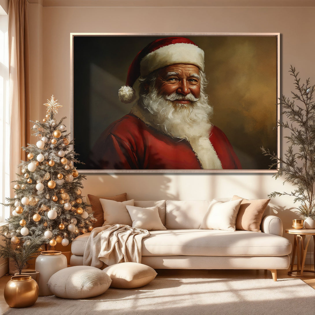 Framed Wall Art: Classic Santa portrait in warm red and gold tones. Perfect holiday decor for a cozy living room. Bring the Christmas spirit home!