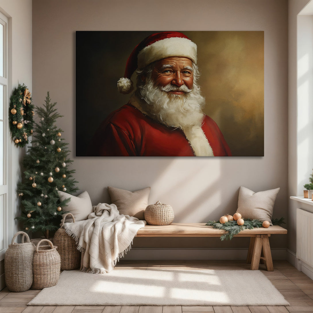 Framed Wall Art of Santa Claus in a classic style, featuring a warm red and gold color palette. Perfect Christmas decor for your home!