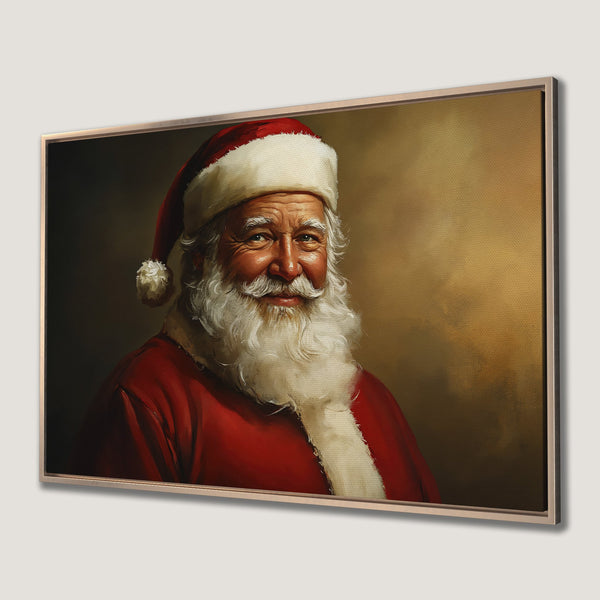 Framed Wall Art: Classic Santa Claus portrait in red and gold. Festive holiday decor, perfect for Christmas. Canvas Print available.