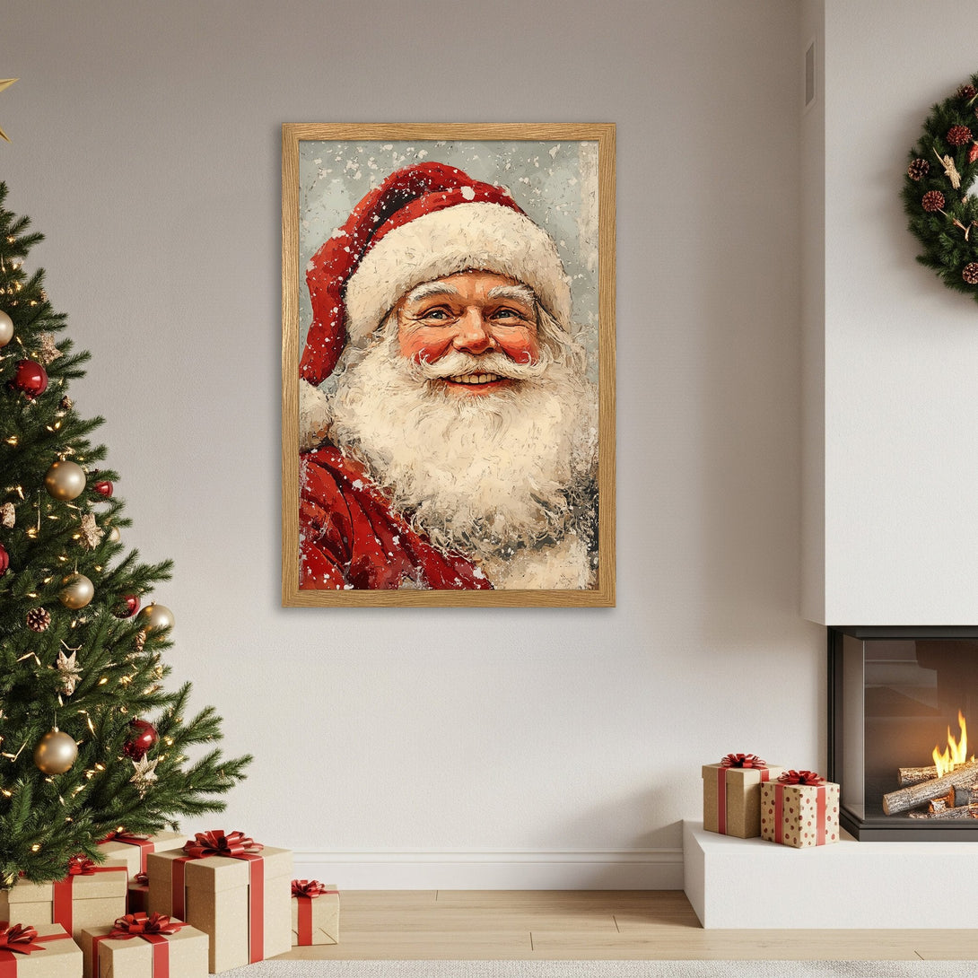 Framed Poster of Santa Claus in a warm, painterly style. Festive red, white, and neutral tones for holiday decor.