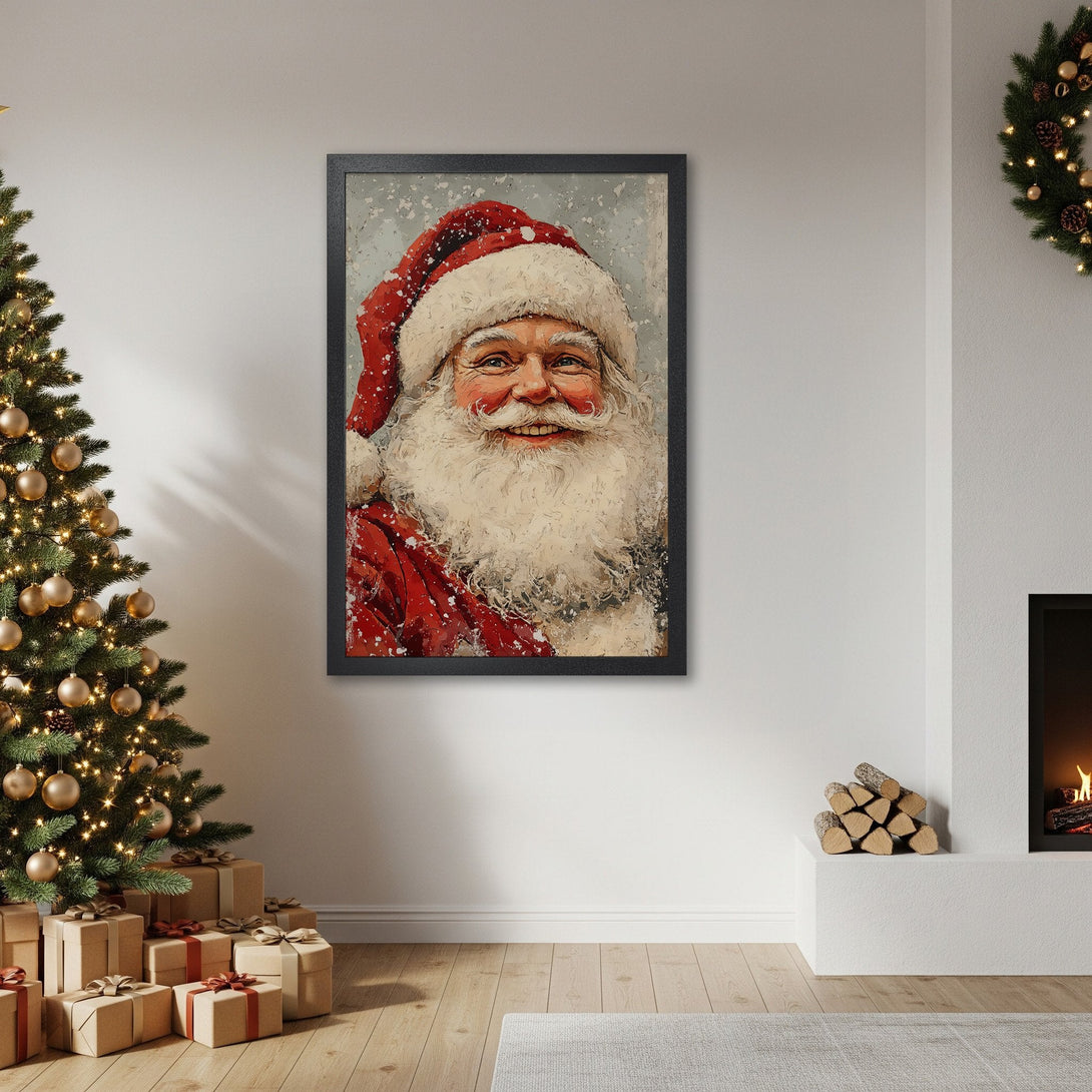 Framed Poster of Santa Claus, vintage style, red and white color palette, perfect for Christmas decor.