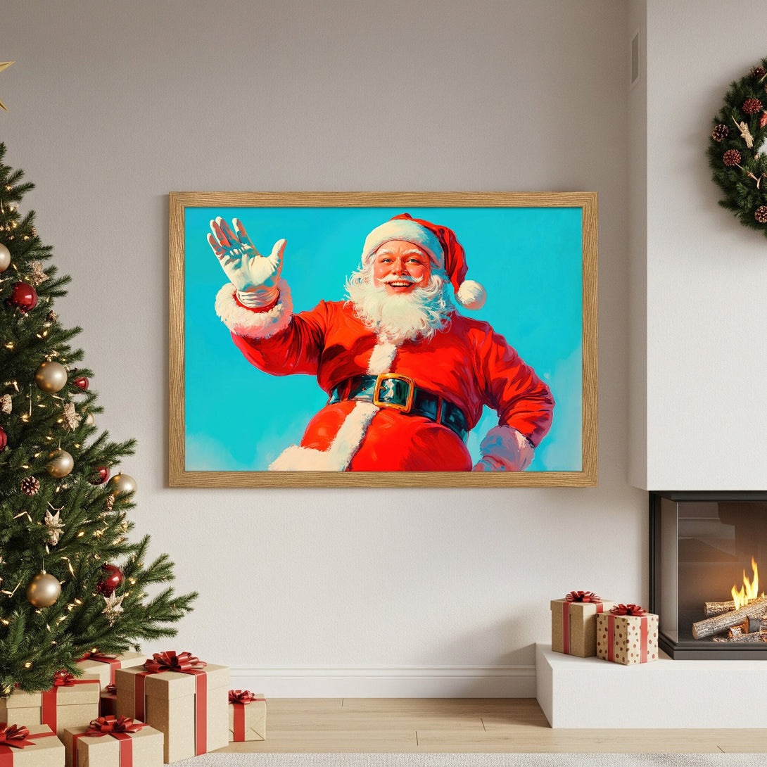 Framed Poster featuring Santa Claus in vibrant red, white, and teal. Festive holiday wall art to brighten your home!