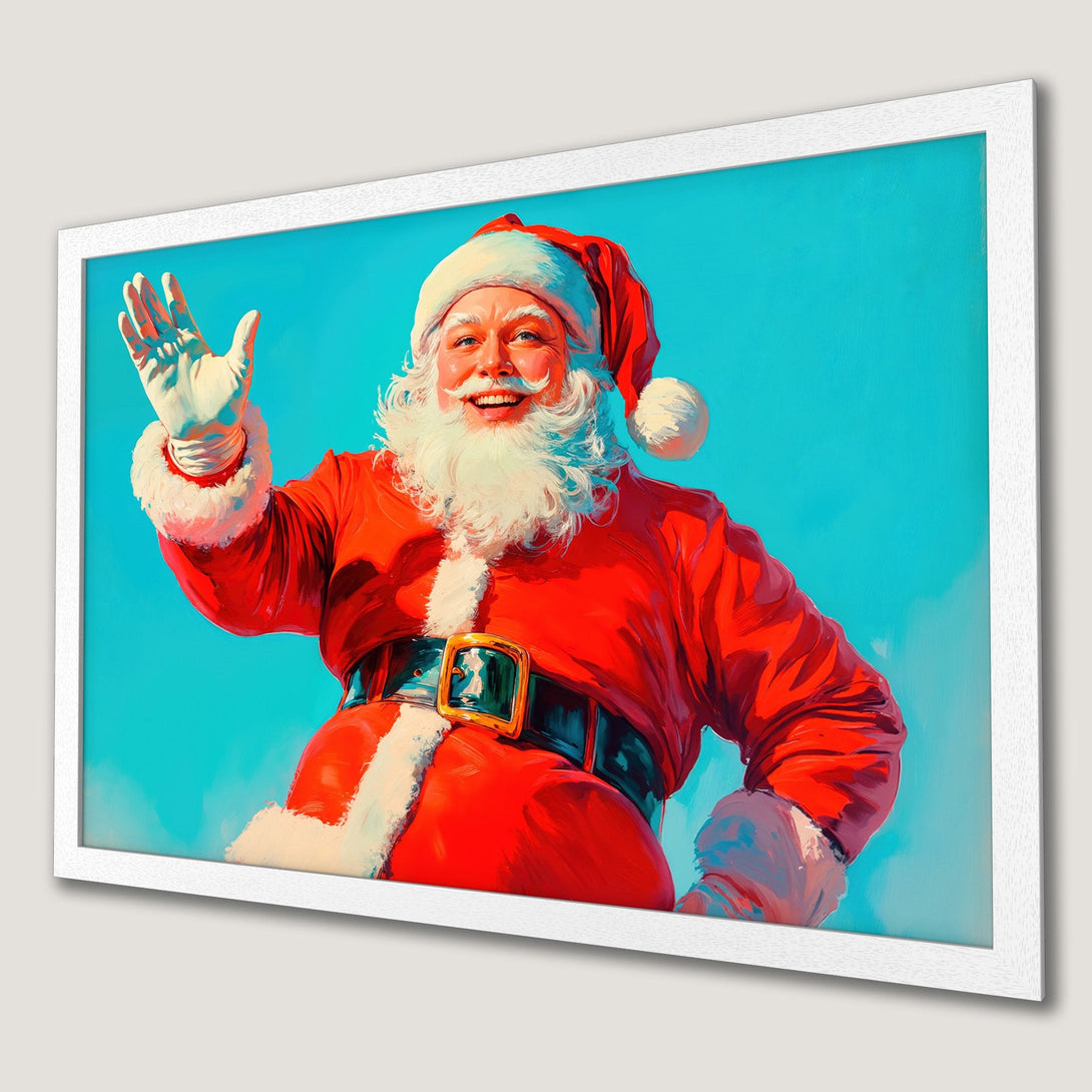 Framed Poster featuring Santa Claus waving. Vibrant red, white, and blue color palette. Festive art print perfect for Christmas decor!