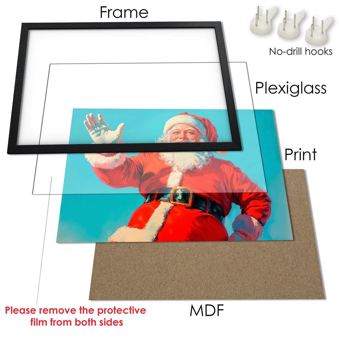 Framed Poster of Santa Claus in vibrant red and blue tones. Perfect holiday decor! Add festive cheer to your home with this beautiful poster.