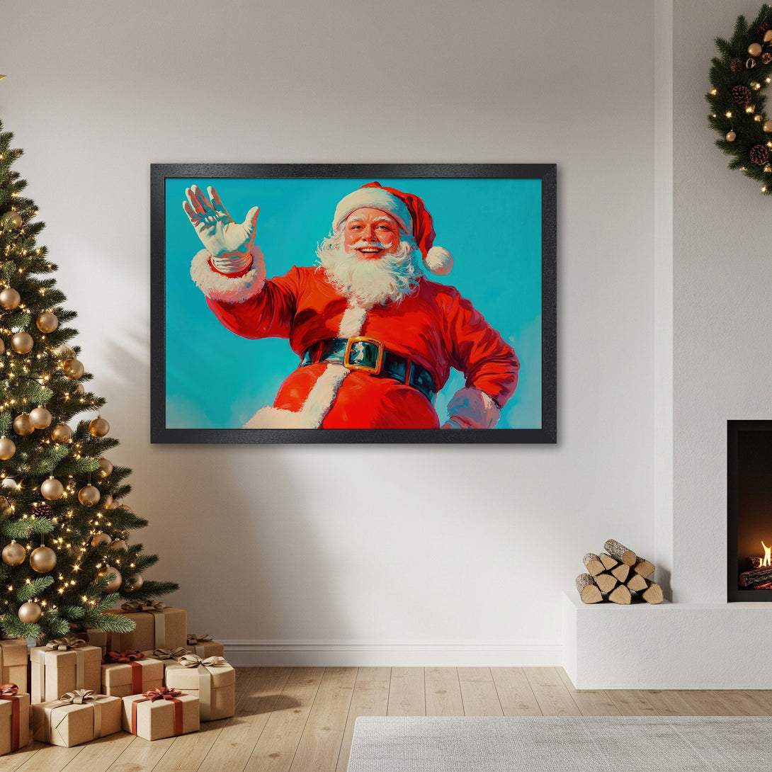 Framed Poster of Santa Claus in a vibrant, vintage style, featuring red, white, and blue hues. Perfect Christmas decor!