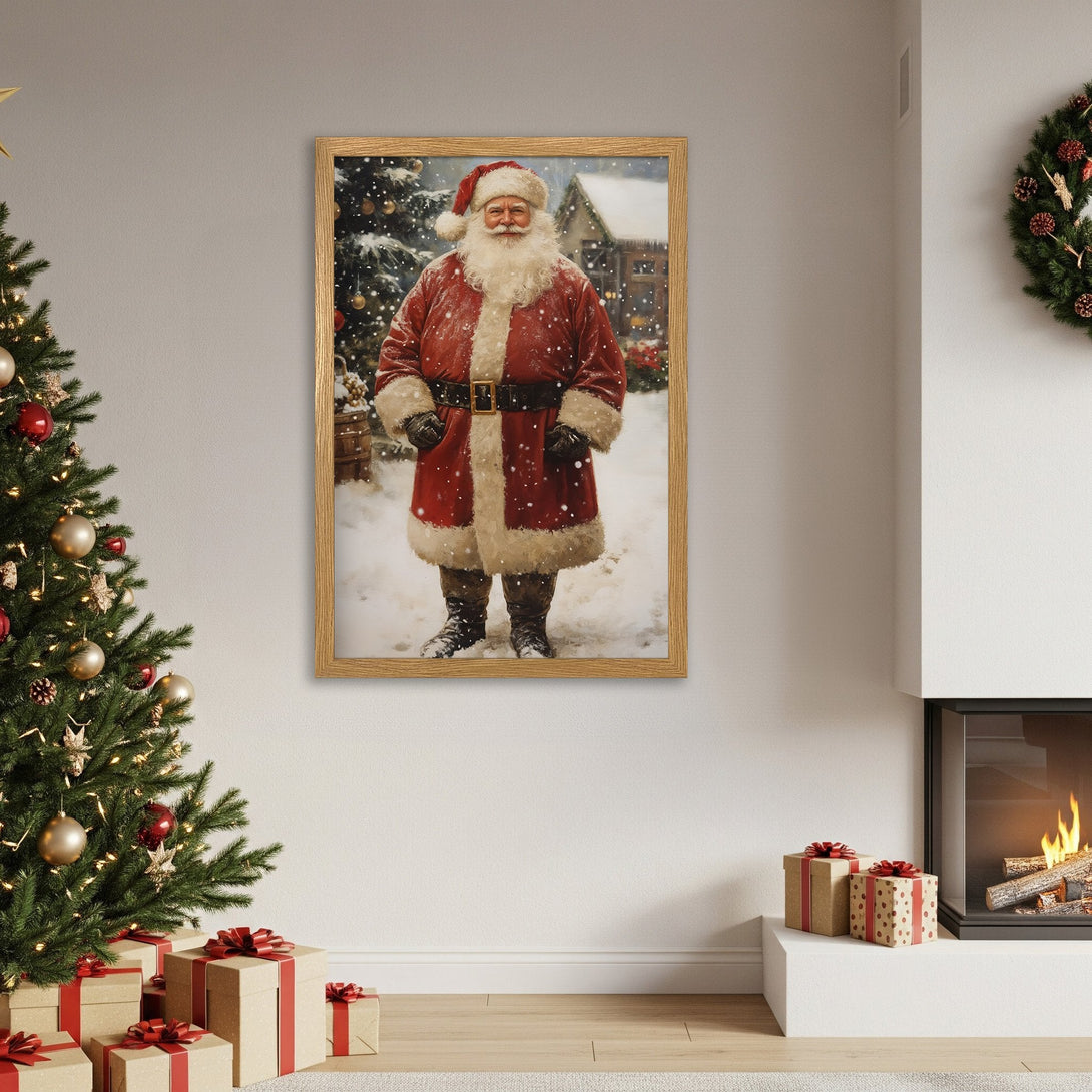 Framed Poster featuring Santa Claus in a vintage style, perfect for Christmas decor. Red, white, and gold color palette.