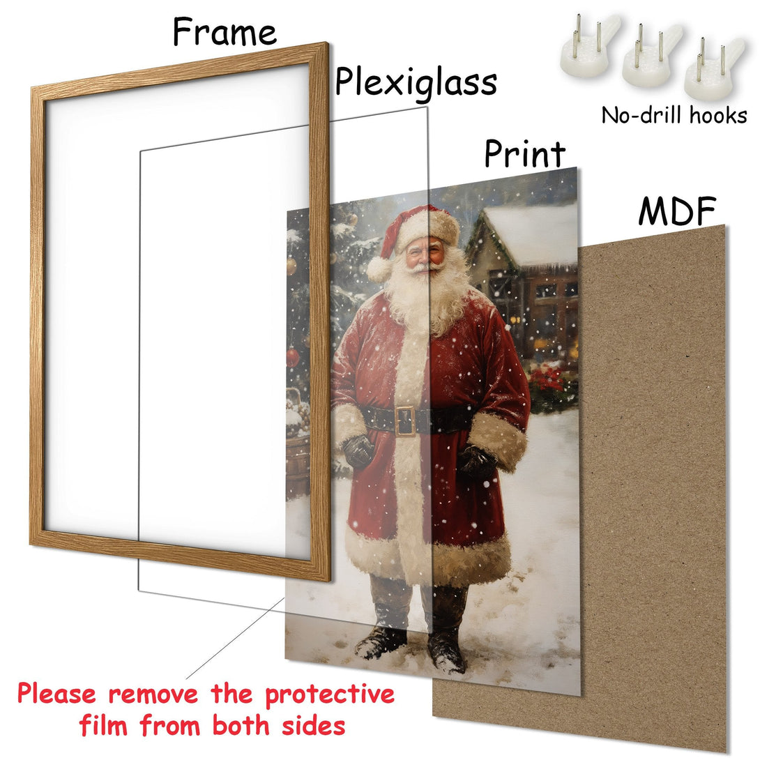 Framed Poster featuring Santa Claus in a snowy scene. Classic style with red, white, and brown color palette. Perfect Christmas decor!