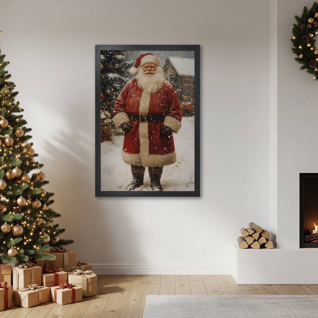 Framed Poster featuring Santa Claus in a winter scene. Festive art with red, white, and black color palette, perfect for Christmas decor.