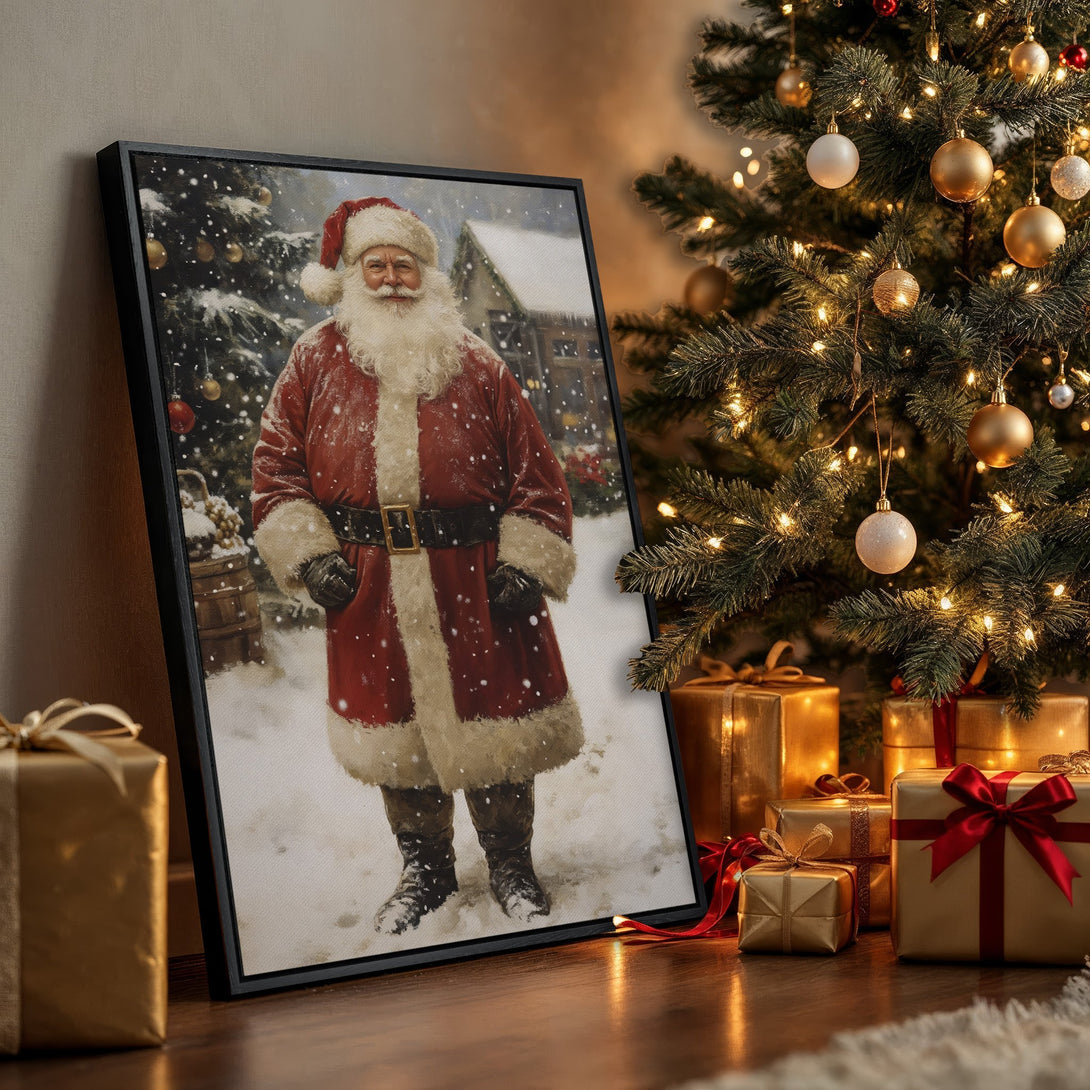 Framed Wall Art featuring Santa Claus in a snowy scene. Festive Christmas decor with warm red, gold, and neutral tones. Perfect holiday gift!