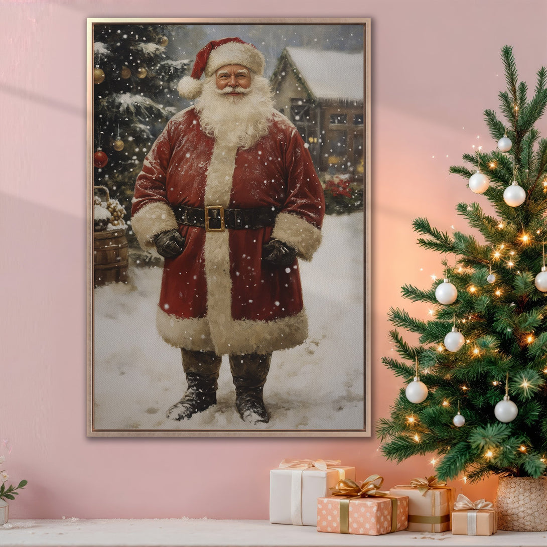 Framed Wall Art featuring Santa Claus in a snowy scene. Warm red, white, and gold color palette. Perfect Christmas decor for your home!