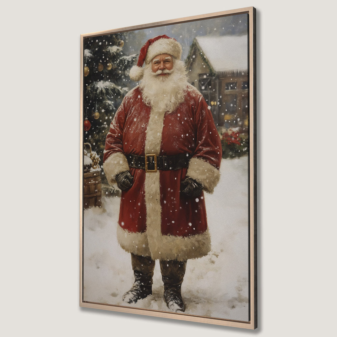 Framed Wall Art featuring Santa Claus in a snowy scene. Classic painting style with a warm red and white color palette. Perfect Christmas decor.