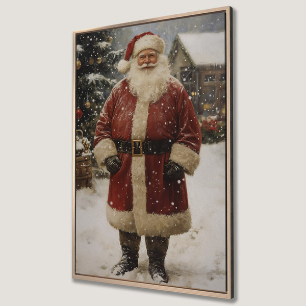 Framed Wall Art featuring Santa Claus in a snowy scene. Classic painting style with a warm red and white color palette. Perfect Christmas decor.