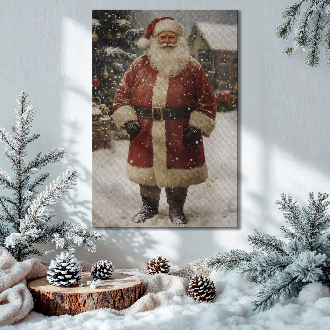Framed Wall Art: Santa Claus portrait in a cozy Christmas setting. Rich red, gold, and green color palette. Perfect holiday decor.