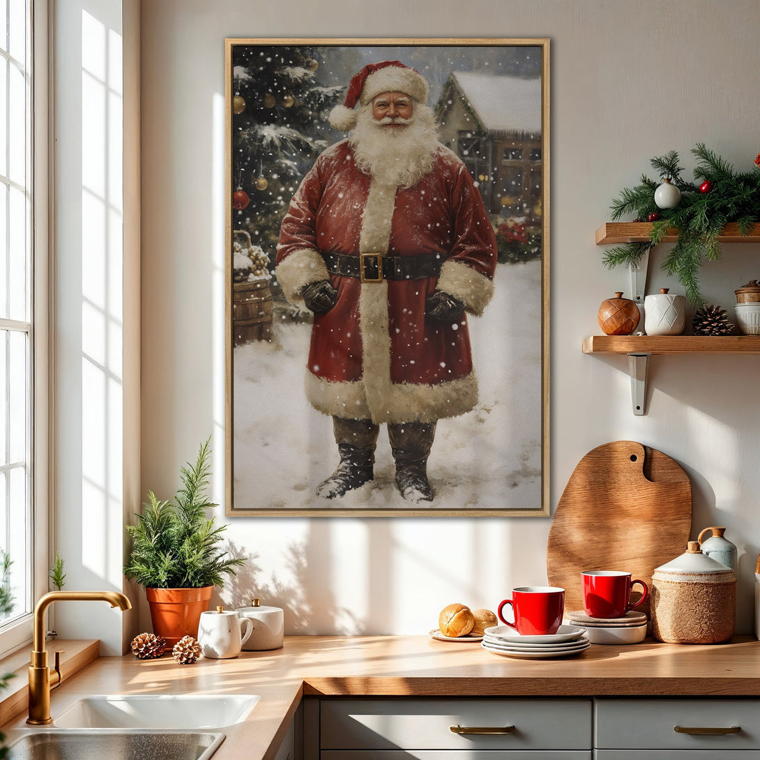 Framed Wall Art: Vintage Santa Claus painting in a cozy kitchen. Festive red and white color palette, perfect for holiday decor.