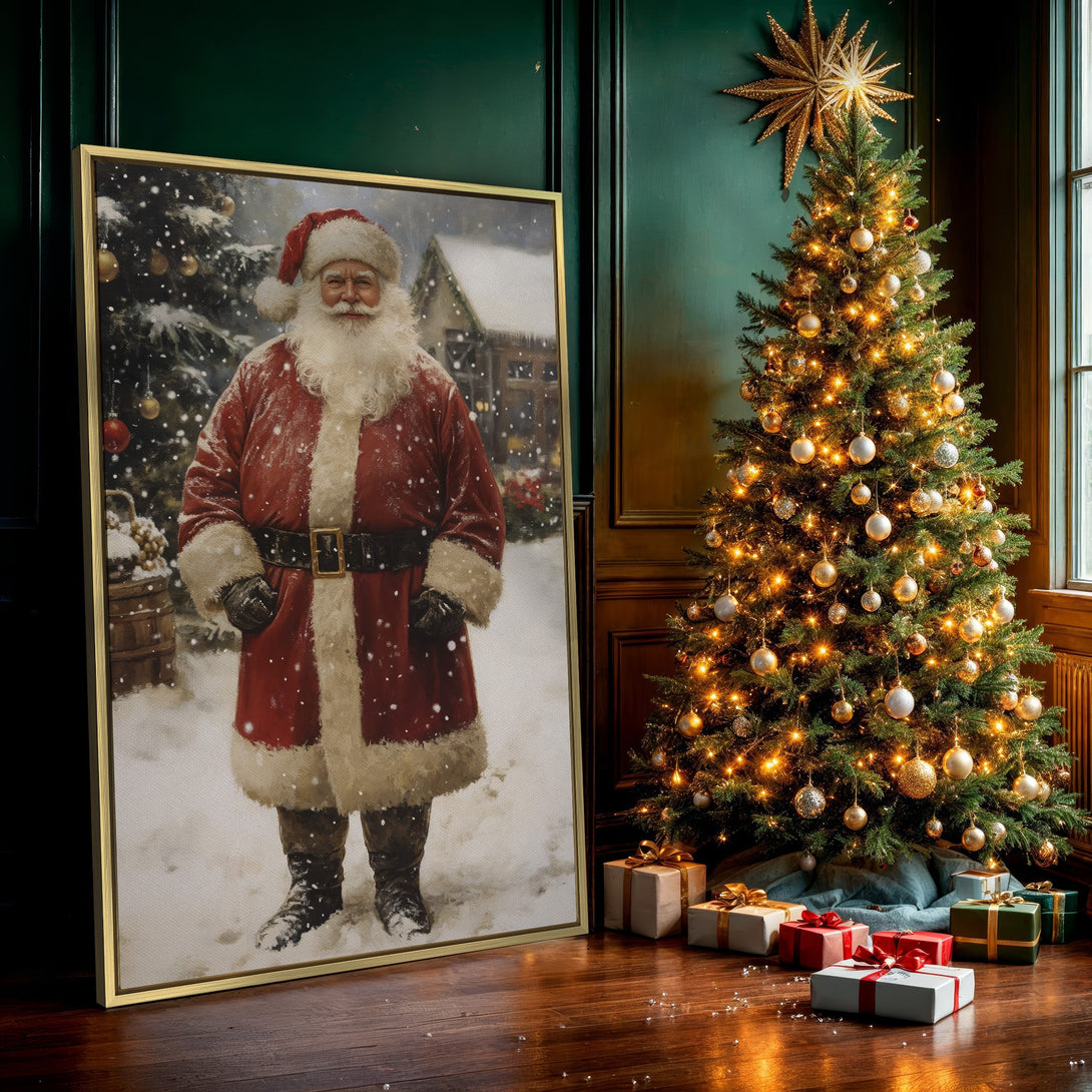 Canvas Print of Santa Claus in a snowy scene, vintage style, with a warm red and white color palette, perfect for Christmas decor.