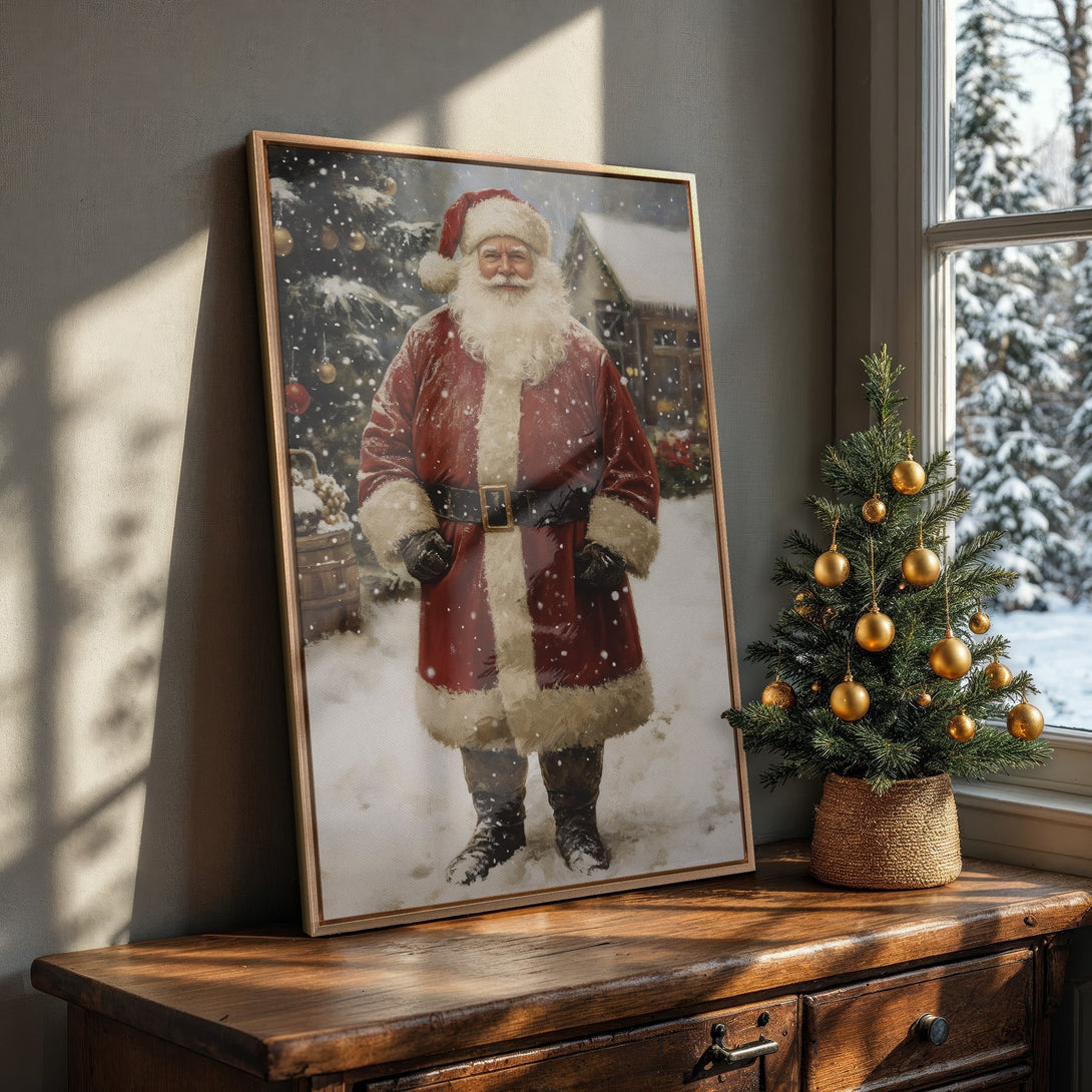 Framed Wall Art featuring Santa Claus in a vintage style, with a warm red and white color palette. Perfect Christmas decor for your home.