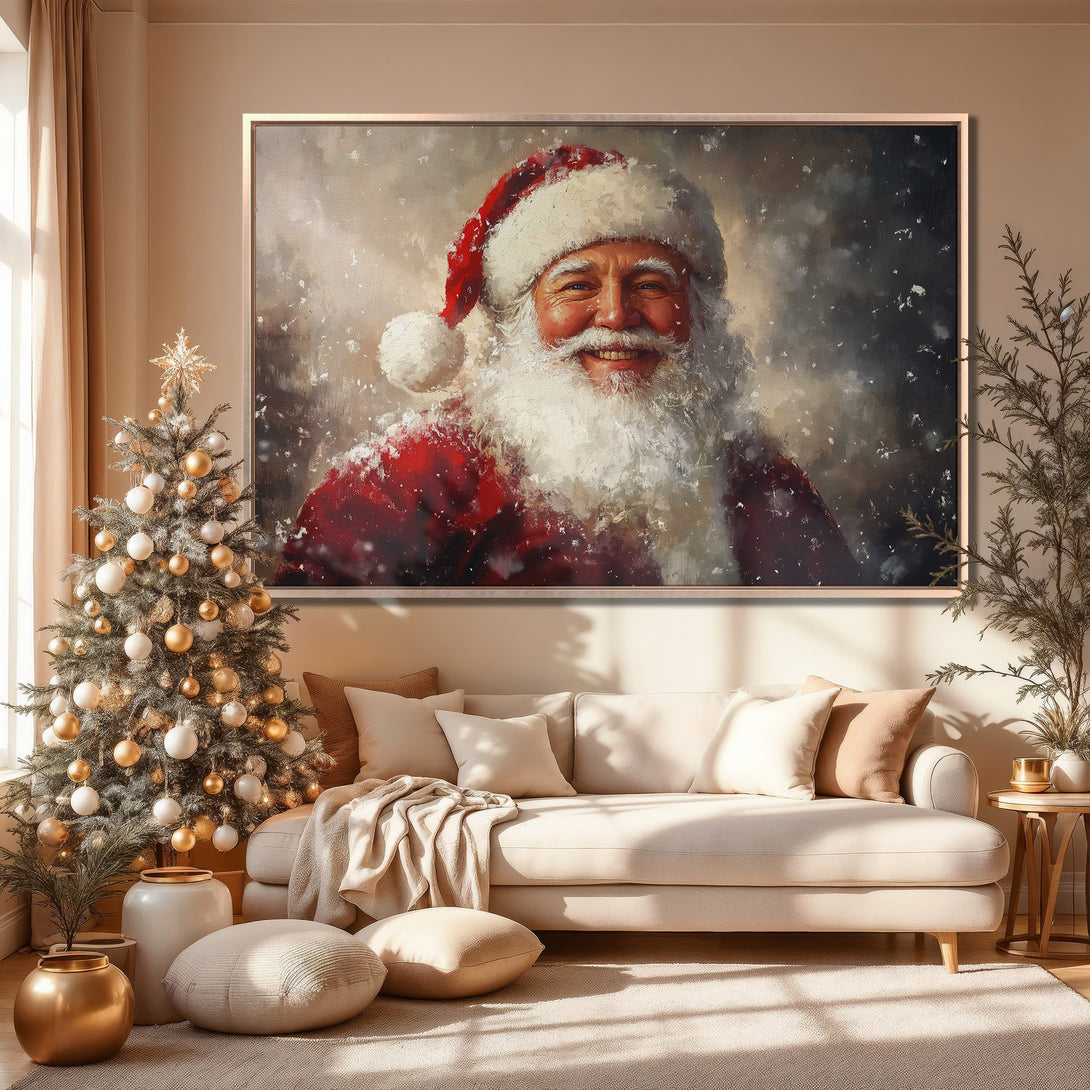 Framed Wall Art: Santa Claus painting in warm, neutral tones. Rustic style canvas print adds festive cheer to any living room. Christmas decor.