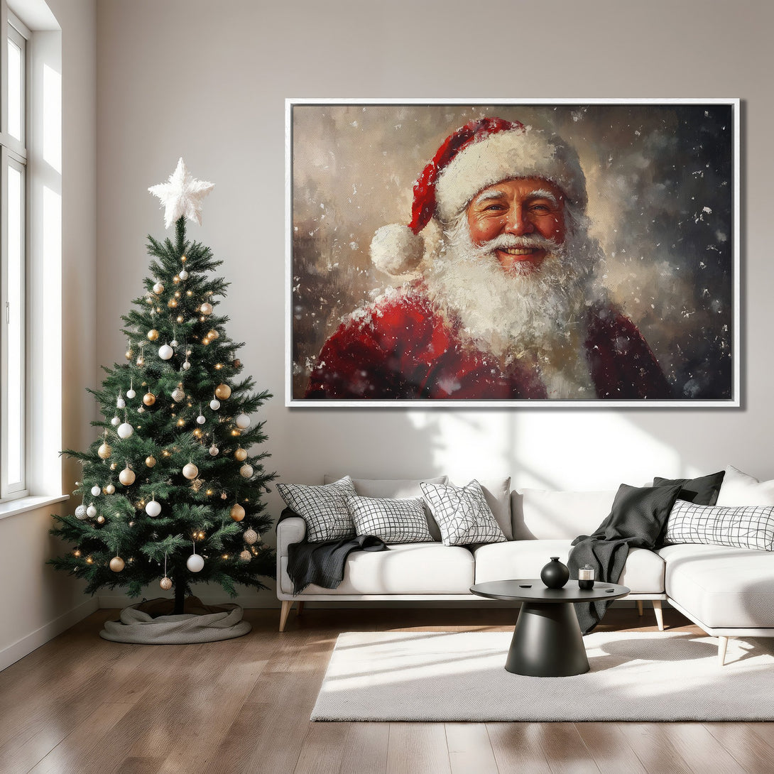 Framed Wall Art of Santa Claus in a painterly style, featuring a red and white color palette, perfect for Christmas decor. Canvas Print displayed in a cozy living room.