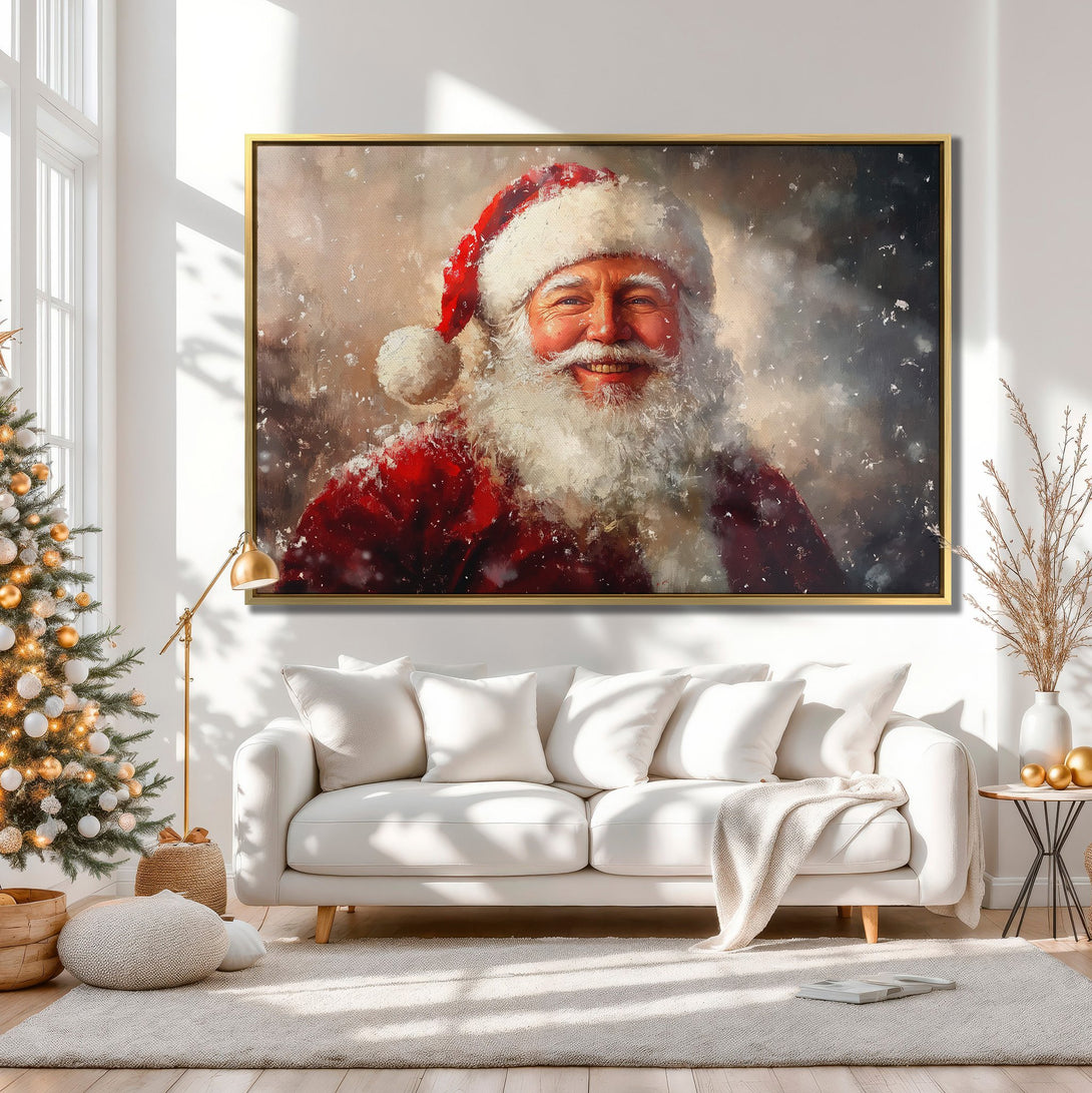 Canvas Print of Santa Claus portrait in a warm, neutral interior. Festive art with red and white accents. Perfect Christmas decor!