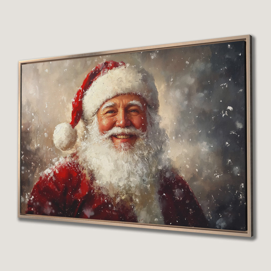 Framed Wall Art: Smiling Santa Claus portrait in a painterly style. Festive red, white, and neutral tones create cozy holiday vibes. Perfect Christmas decor!