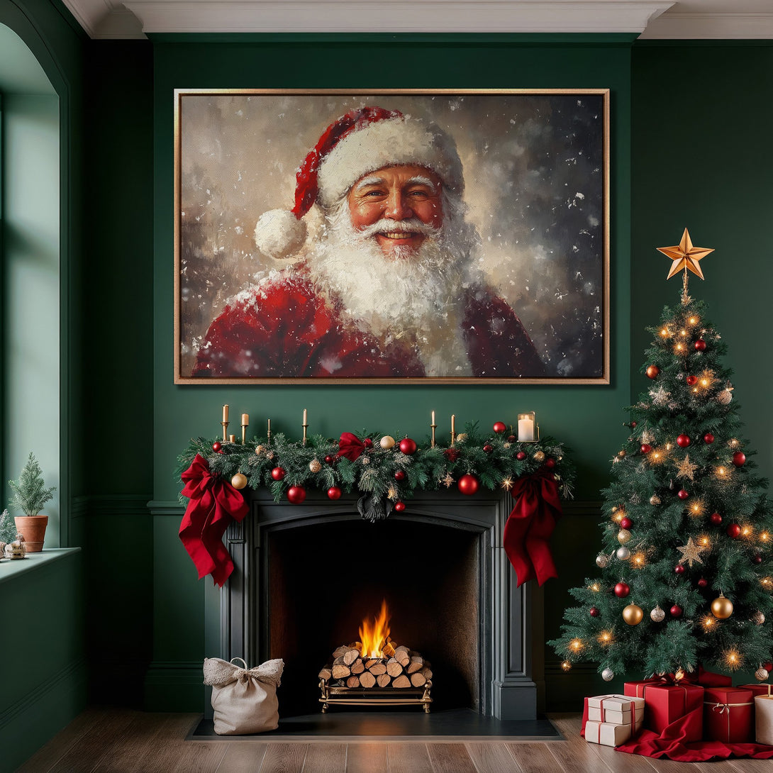 Framed Wall Art of Santa Claus in a cozy interior, Christmas decor with red and gold accents, perfect holiday gift.