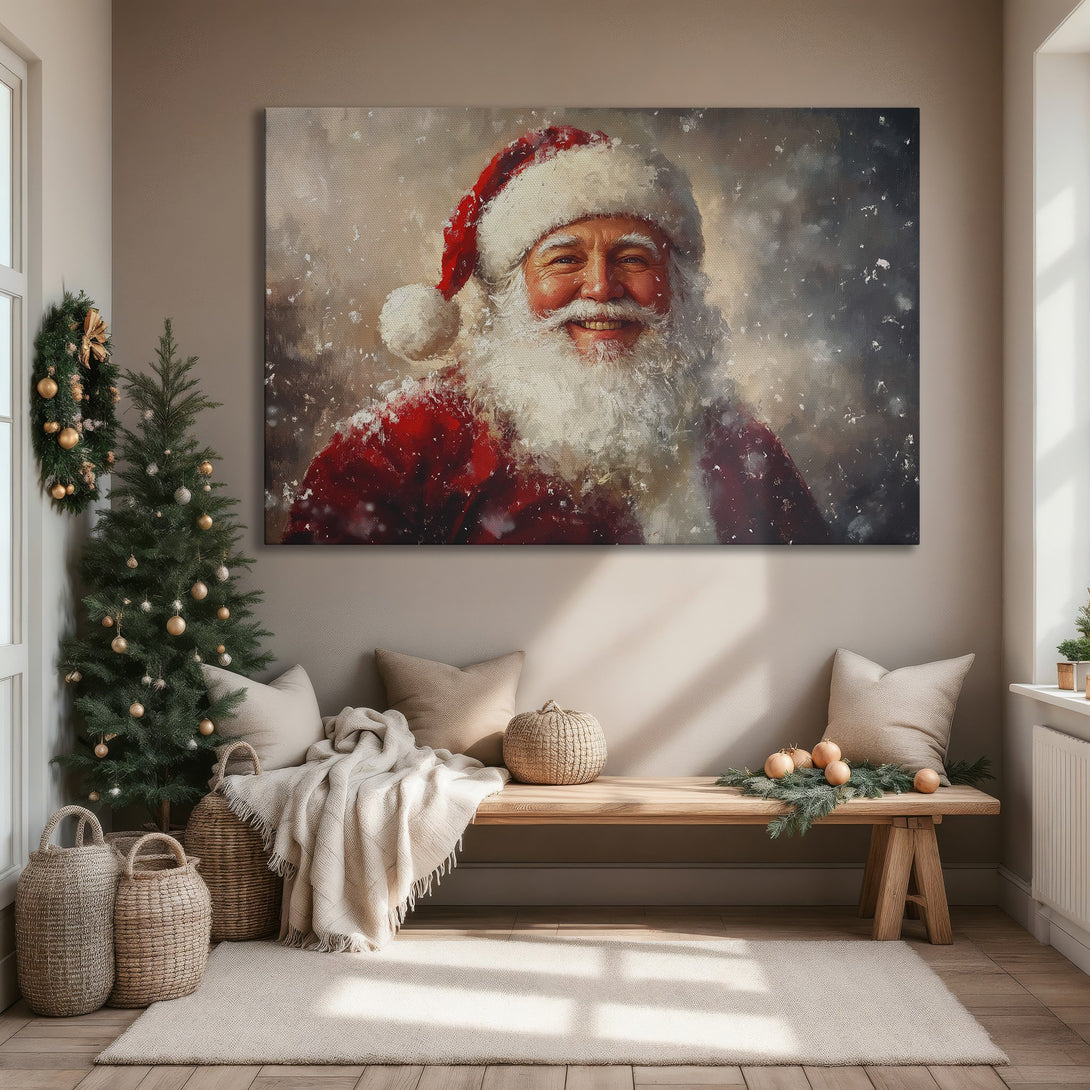 Framed Wall Art: Smiling Santa Claus portrait in warm red and beige tones. Perfect Christmas decor for a cozy living room. Shop now!