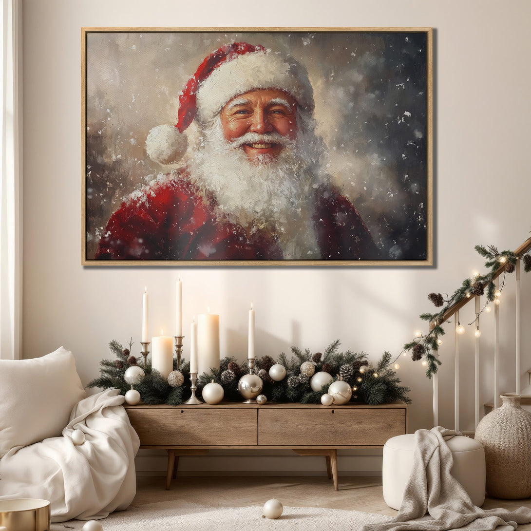 Framed Wall Art: Smiling Santa Claus portrait in red & white, neutral background. Festive holiday decor, perfect for Christmas. Shop framed art today!