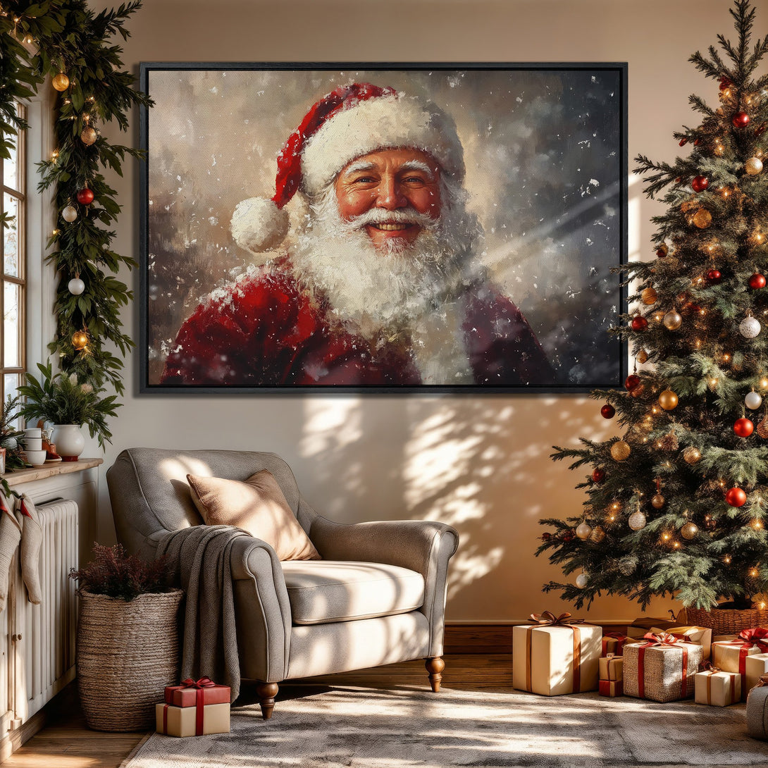 Framed Wall Art of Santa Claus in a cozy Christmas scene. Warm, inviting color palette with reds, whites, and golds. Perfect holiday decor!