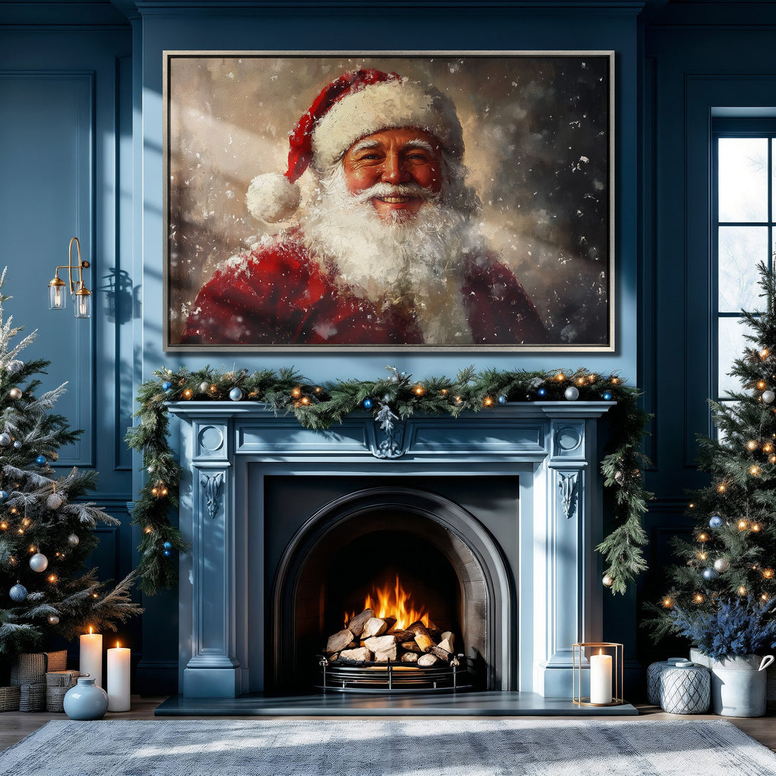 Framed Wall Art of Santa Claus in a cozy interior. Festive painting in a warm red and white palette, perfect for Christmas decor. Blue walls enhance the art.
