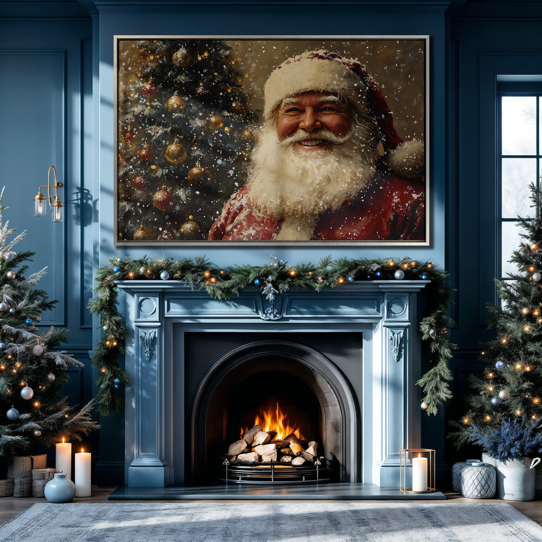 Framed Wall Art of Santa Claus above a fireplace in a cozy, blue-toned interior. Festive Christmas decor with a warm, inviting color palette.