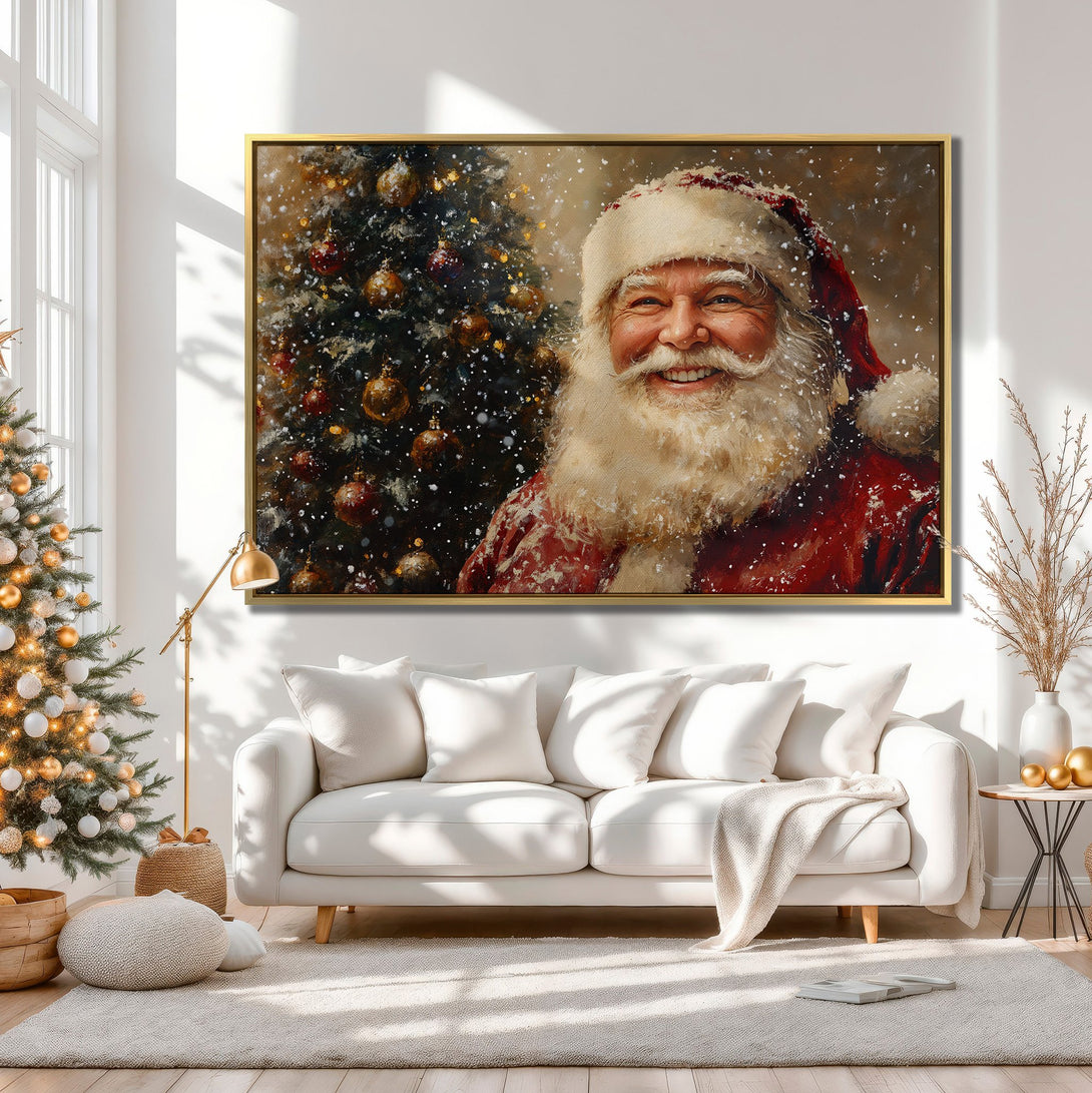 Canvas Print of Santa Claus, warm neutral tones, displayed in cozy interior. Perfect Christmas wall art for a festive home.