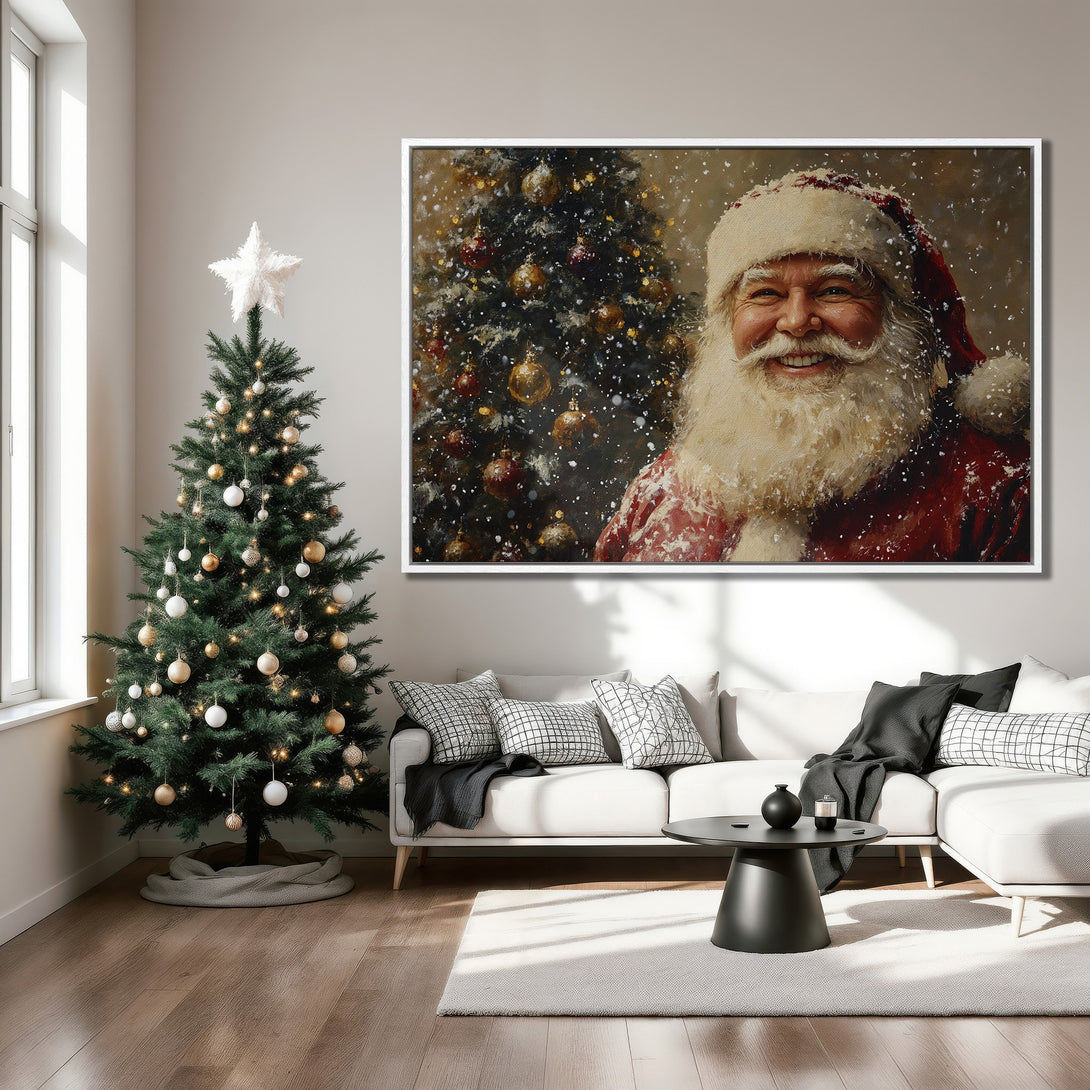 Framed Wall Art: Festive Santa Claus painting in a cozy living room. Warm red, gold & white color palette. Perfect Christmas decor!