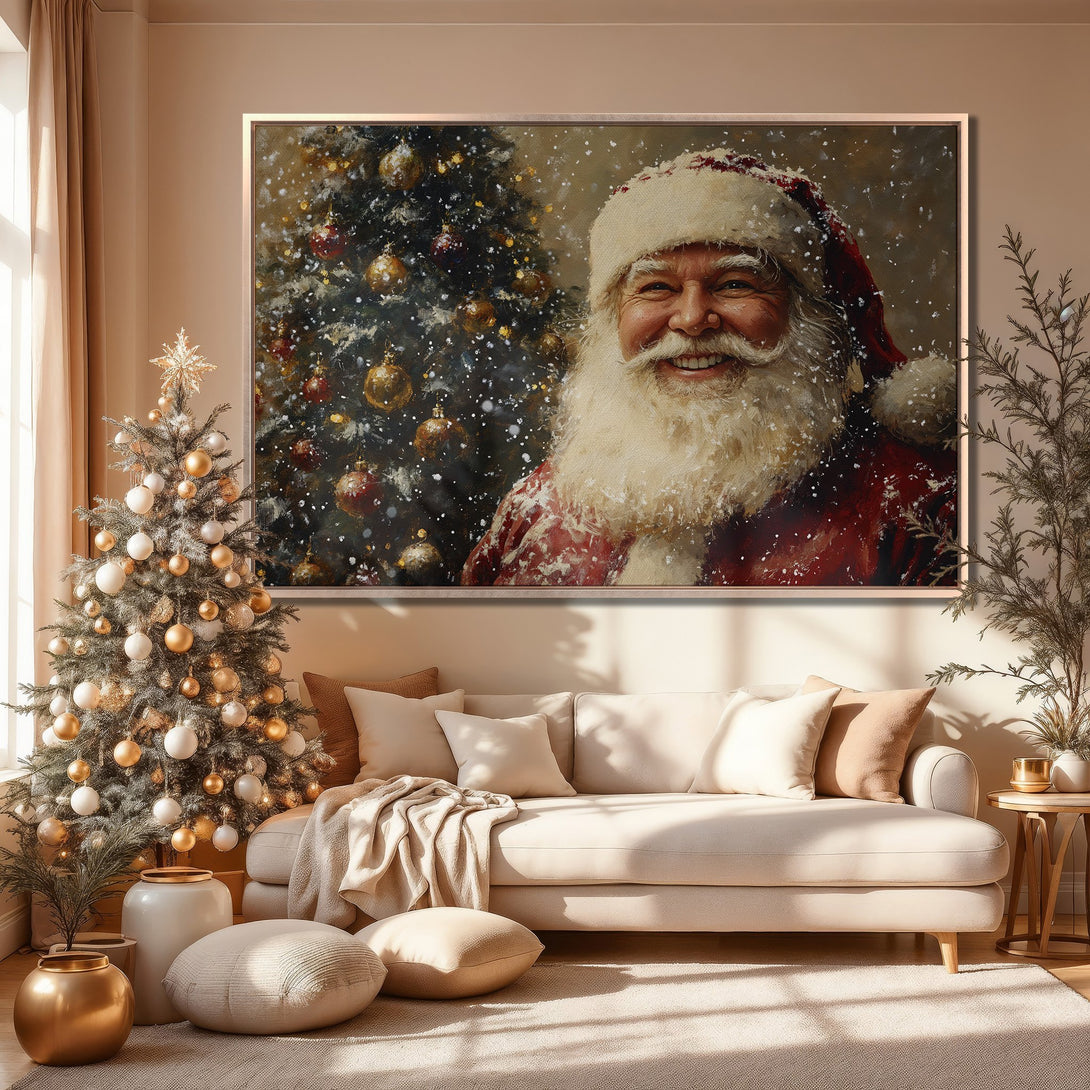 Framed Wall Art: Smiling Santa Claus painting in warm, neutral tones. Festive Christmas decor for a cozy living room.