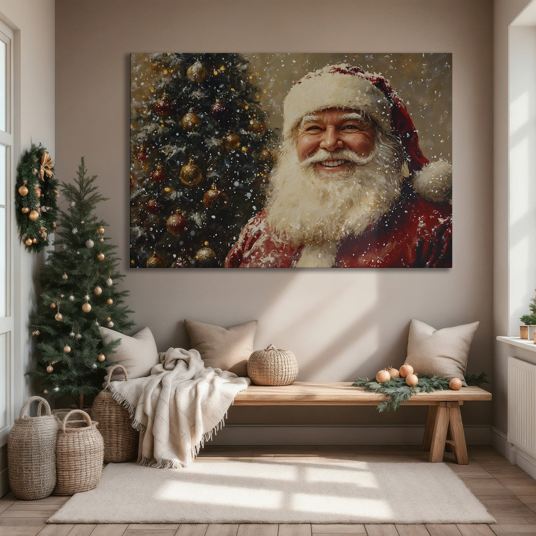 Framed Wall Art featuring Santa Claus with a Christmas tree, painted in a warm, festive style with red, gold, and white hues, perfect for holiday decor.