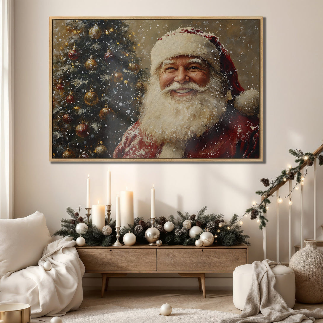 Framed Wall Art featuring a joyful Santa Claus portrait in a warm, vintage style. Rich red, gold, and cream color palette, perfect for holiday decor.