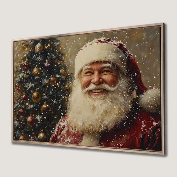 Framed Wall Art: Smiling Santa Claus with Christmas tree. Warm red & gold palette, vintage style. Perfect holiday decor!