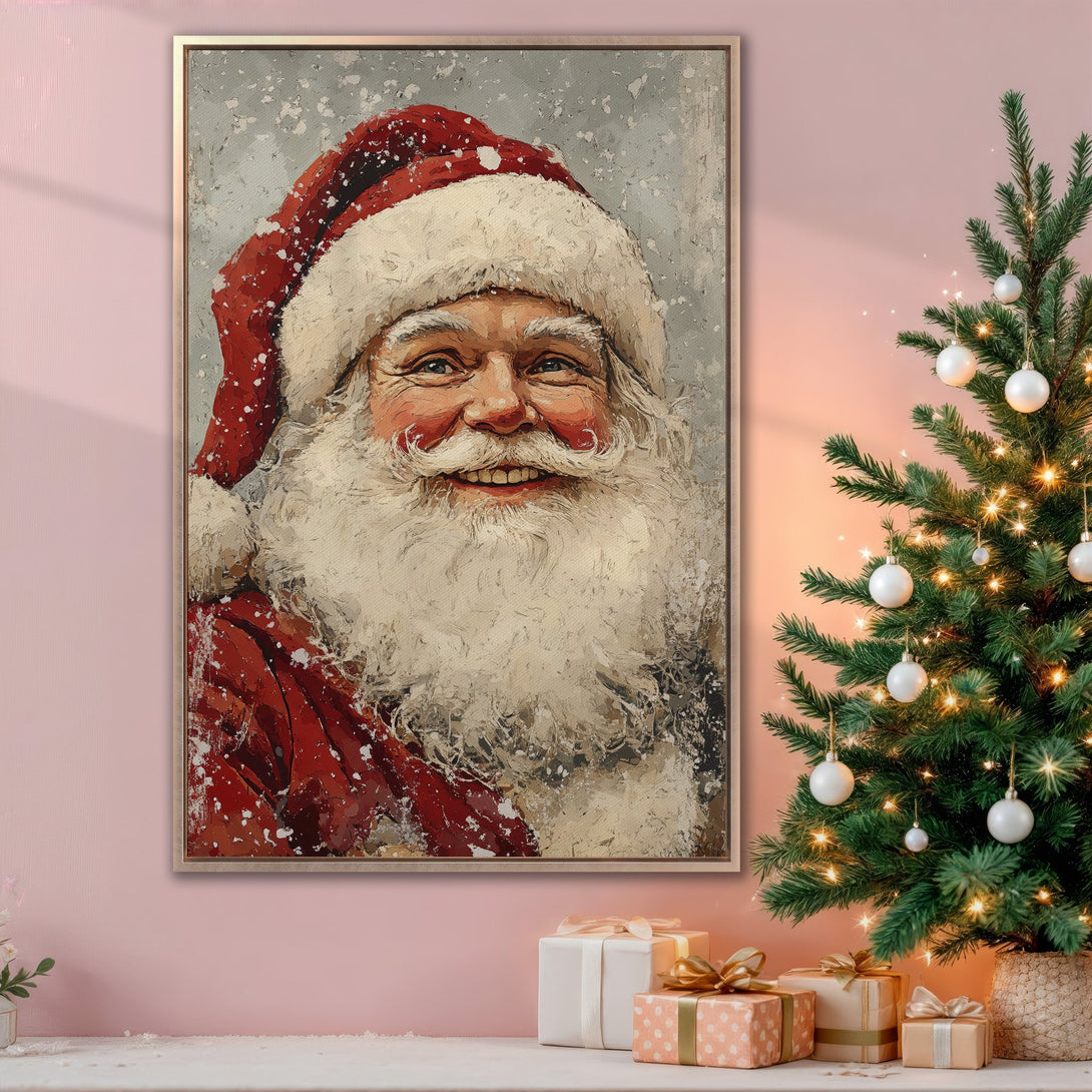 Framed Wall Art featuring Santa Claus in a warm, painterly style. Festive red and white color palette perfect for holiday decor. Bring the joy of Christmas home!
