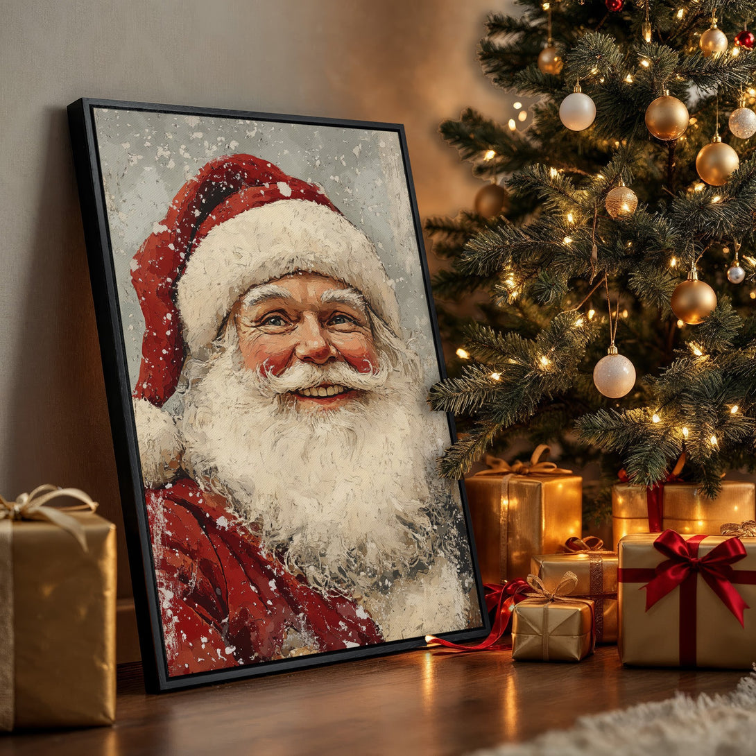 Framed Wall Art featuring Santa Claus portrait in a festive interior. Impressionistic style with red, gold, and neutral tones. Perfect Christmas decor!
