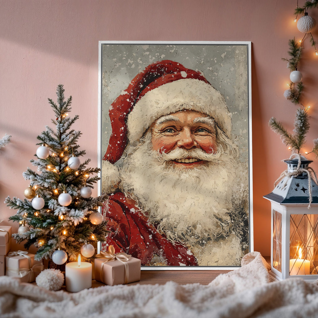 Framed Wall Art: Santa Claus portrait in festive red and white, displayed in a cozy interior with Christmas decor. Perfect holiday gift!