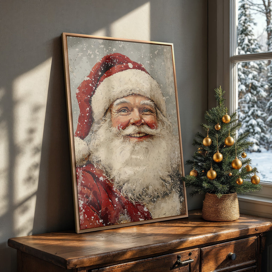 Framed Wall Art of Santa Claus in a vintage style, featuring a red and white color palette. Perfect Christmas decor for a cozy home.