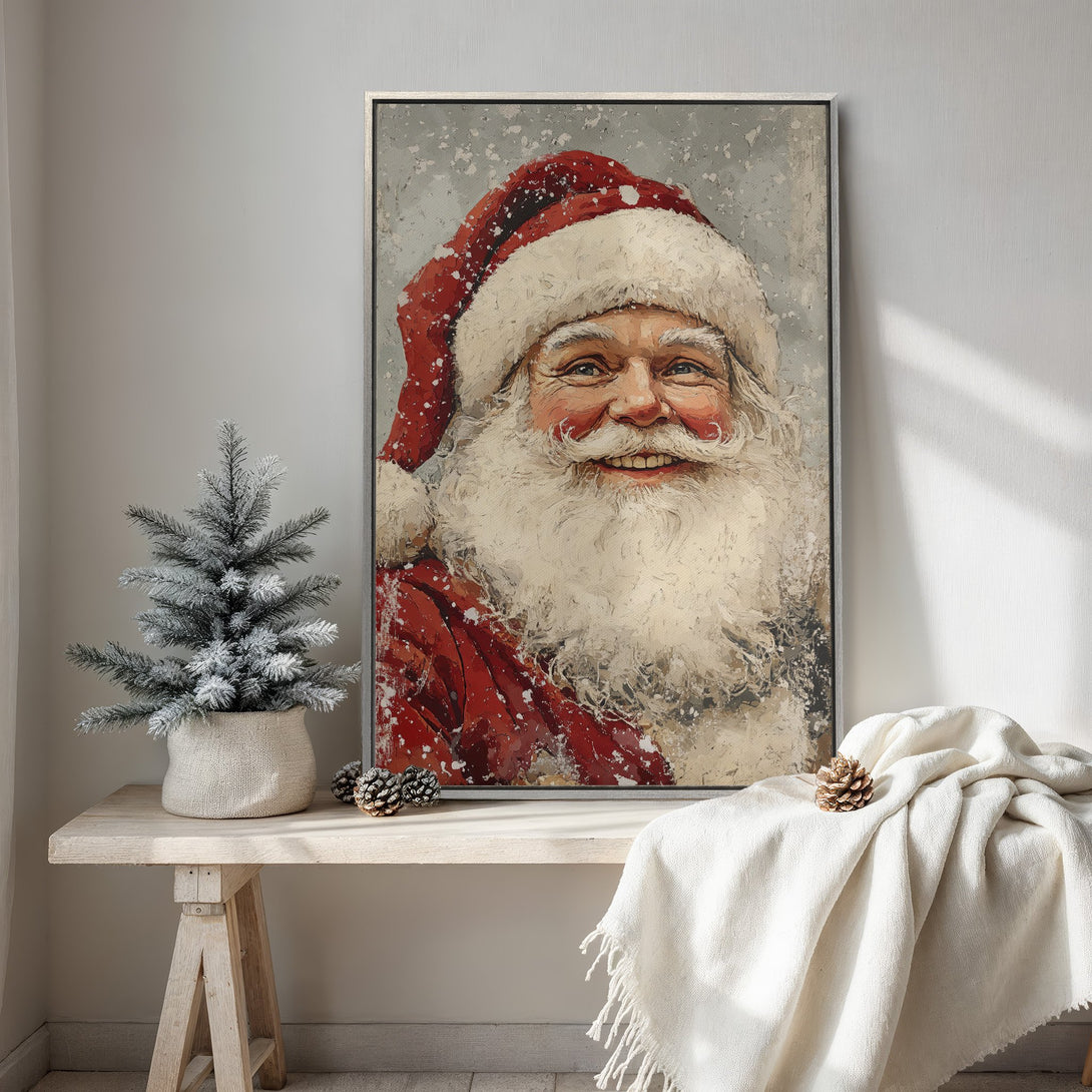 Framed Wall Art: Festive Santa Claus portrait in a vintage style, featuring a red and white color palette. Perfect Christmas decor for your home!
