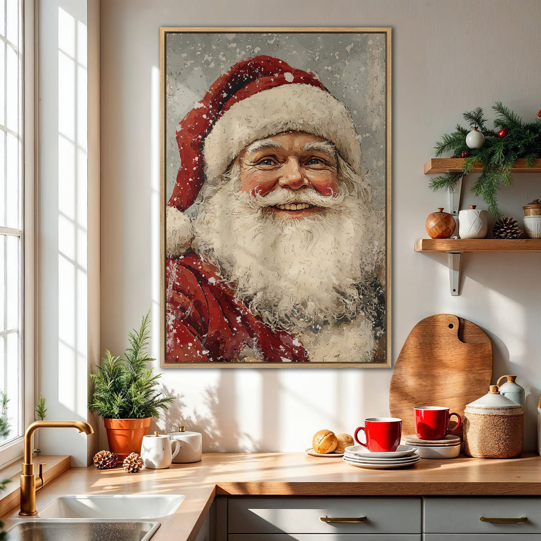 Framed Wall Art: Santa Claus portrait in a warm, inviting kitchen. Festive red and white color palette with a textured, painterly style. Perfect holiday decor!