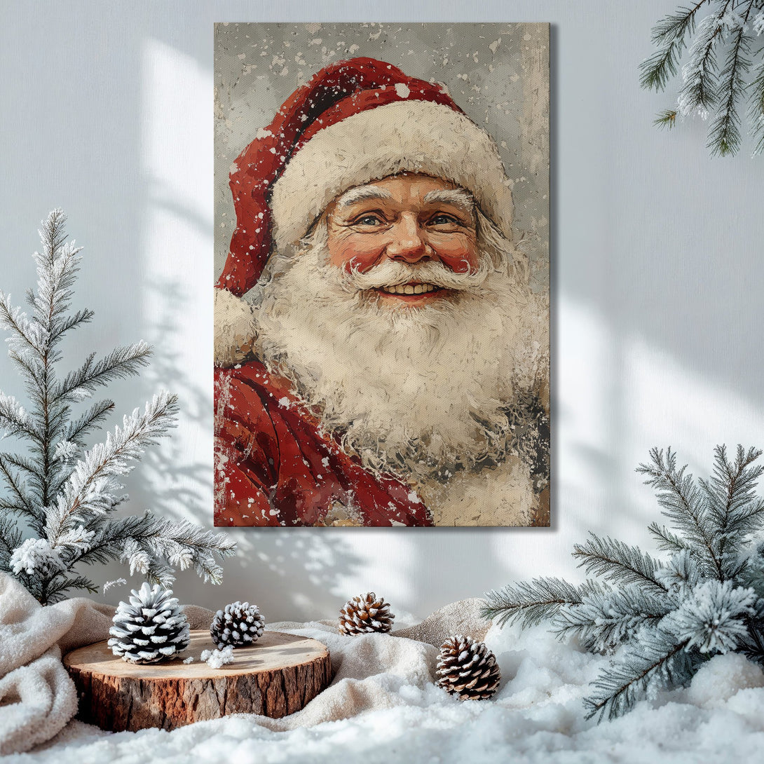 Framed Wall Art: Smiling Santa Claus portrait in a festive interior. Rich red, gold, and green color palette. Perfect Christmas decor!